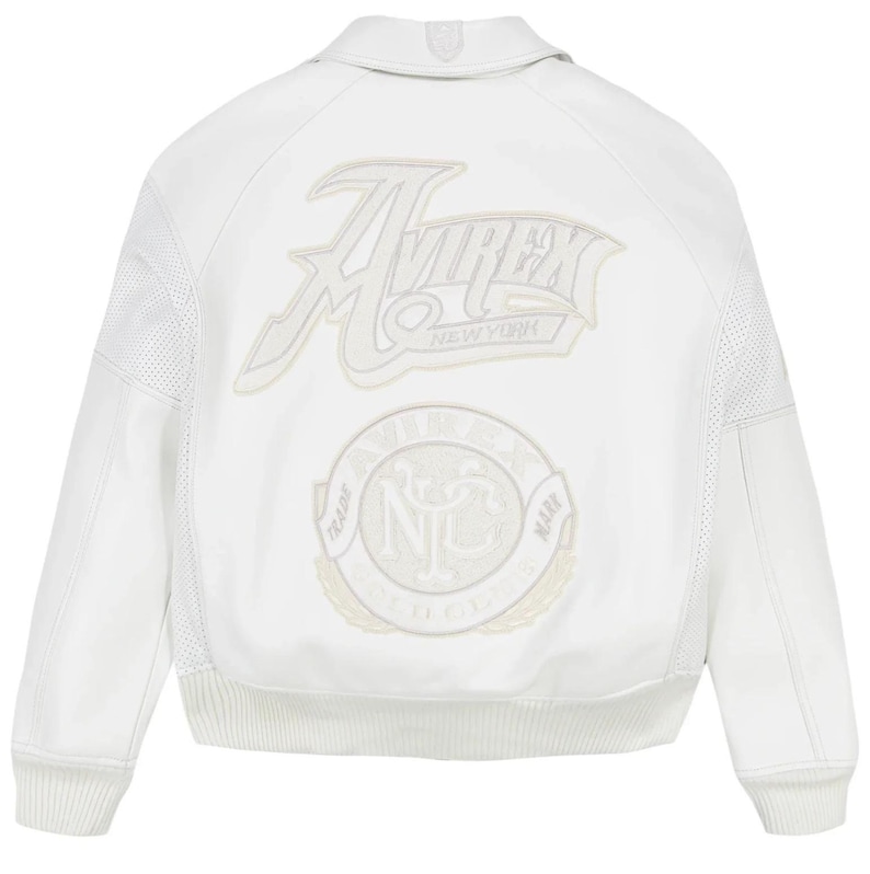 May include: A white leather bomber jacket featuring perforated side panels, a ribbed hem, and ribbed cuffs. The back displays embroidered tonal patches with the text AVIREX NEW YORK and a circular emblem containing the letters NYC and the words TRADE MARK.