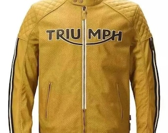 Triumph Gold Leather Motorcycle Jacket Men's Cafe Racer Jacket Yellow Biker Jacket Quilted Shoulder Riding Jacket Motorbike Gear For Him