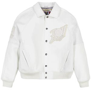 May include: A white varsity jacket featuring a classic collar, snap-button front closure, and ribbed cuffs and hem. The jacket includes perforated leather panels on the sides and sleeves, with an embroidered Avirex logo patch on the chest.