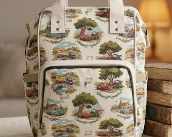 Vintage Toile Countryside Cars Scene Diaper Backpack | Nursery Print, Neutral Baby Bag