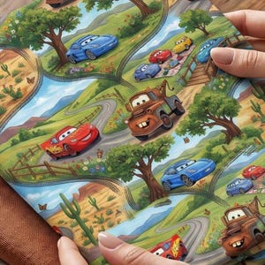 Tela de Lightning McQueen Cars cortada a medida, algodón peinado Pima, Country Roads Desert