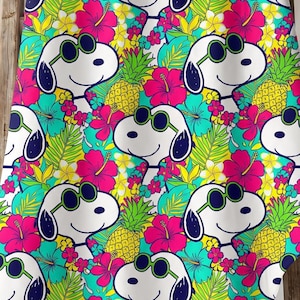 Snoopy Hawaiian Fabric by the Yard, Tropical Hibiscus Pineapple Print, Combed Cotton Prima