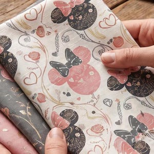 Minnie Mouse Fabric, Pink Black Bow Floral Hearts Diamonds, Prima Cotton by Yard