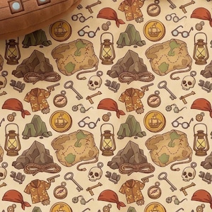 Goonies Treasure Map Pirate Fabric by the Yard, Adventure Icons Seamless Print, Combed Cotton Pima
