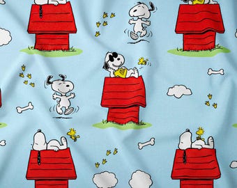 Snoopy Fabric by Yard Combed Cotton Prima | Light Blue Peanuts Print