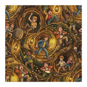 May include: A repeating pattern illustration featuring children exploring a dark, rocky cave system. The scene includes glowing lanterns, treasure chests filled with gold coins, skeletons, and children holding maps, flashlights, and cameras.