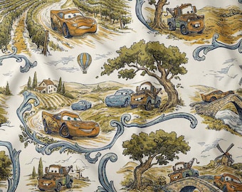 Lightning Toile de Jouy Fabric by Yard, Earth Tone Cars Print