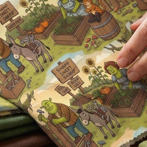 May include: A fabric swatch featuring a repeating cartoon illustration of green ogres, a donkey carrying tools, and a cat in a hat. The scene includes wooden garden beds, sunflowers, pumpkins, mushrooms, and signs that read Swamp Sweet Swamp.