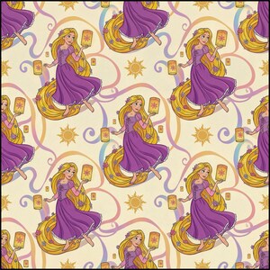May include: A repeating pattern on a cream background featuring a cartoon character with long blonde hair wearing a purple dress. The character holds a glowing lantern. The design includes floating lanterns, purple and pink ribbons, and sun icons.
