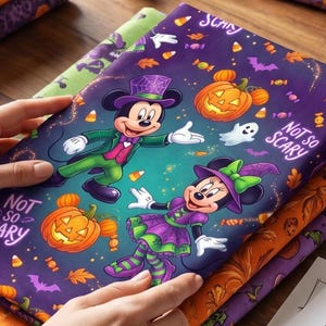 Mickey Minnie Halloween Fabric, Witch Costume, Pumpkins Ghosts, Combed Cotton Print
