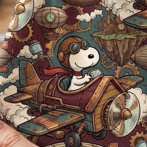 May include: A fabric print featuring a white cartoon dog wearing a brown aviator helmet and goggles, piloting a wooden airplane. The background includes floating islands, airships, clouds, and mechanical gears in shades of teal and brown.