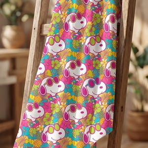 Snoopy Tropical Floral Fabric by the Yard, Sunglasses Peanuts Dog Hibiscus Pineapple Combed Cotton Prima