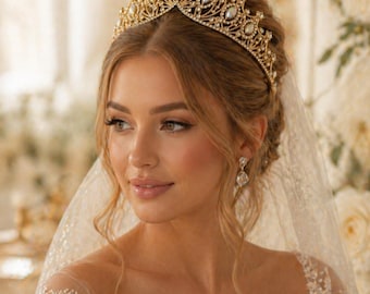 Gold Bridal Crown Tiara, Crystal Wedding Crown, Opal Queen Tiara, Rhinestone Headpiece, Princess Crown for Bride, Prom Hair Accessory