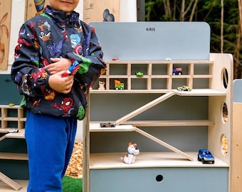 KIKIS Wooden Toy Car Garage, Montessori Toy Organizer, Birch Plywood Storage Drawer
