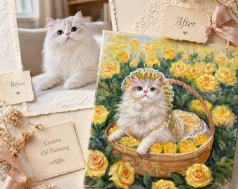 Custom Pet Portrait from Photo, Personalized Cat Oil Painting, Hand-Painted Style Pet Memorial Gift, Floral Pet Wall Art