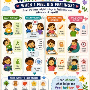 May include: A vibrant infographic titled "What Can I Do When I Feel Big Feelings?" featuring illustrations of children performing activities such as deep breathing, talking, and drawing. The poster provides strategies for self-care and managing emotions, with clear, easy-to-read text.