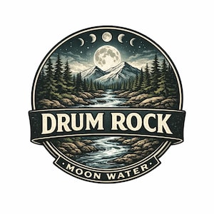 May include: Circular emblem featuring a mountain landscape under a starry night sky with a full moon and crescent moons. A river flows through the scene, with the text "DRUM ROCK" and "MOON WATER" in a banner.