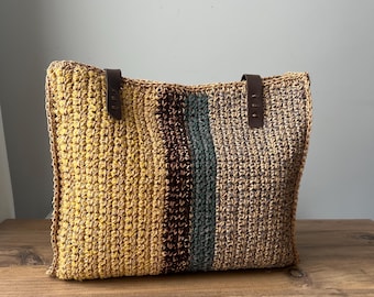 Handmade Crochet Tote Bag, Boho Straw Bag with Leather Straps, Summer Beach Bag, Natural Fiber Shoulder Bag