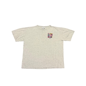 May include: A heather gray t-shirt with a small, colorful graphic on the left chest. The graphic features a flag design with the Adidas logo. The shirt has a crew neck and short sleeves.