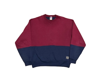 Sudadera vintage Russell Athletic para hombre, talla L, color granate con bloques de color, fabricada en EE. UU.