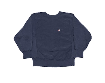 Sudadera vintage Champion Reverse Weave azul marino de cuello redondo para hombre, talla M, años 80.