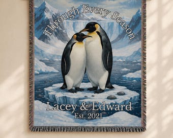 Personalized Penguin Couple Blanket | Woven Anniversary Tapestry