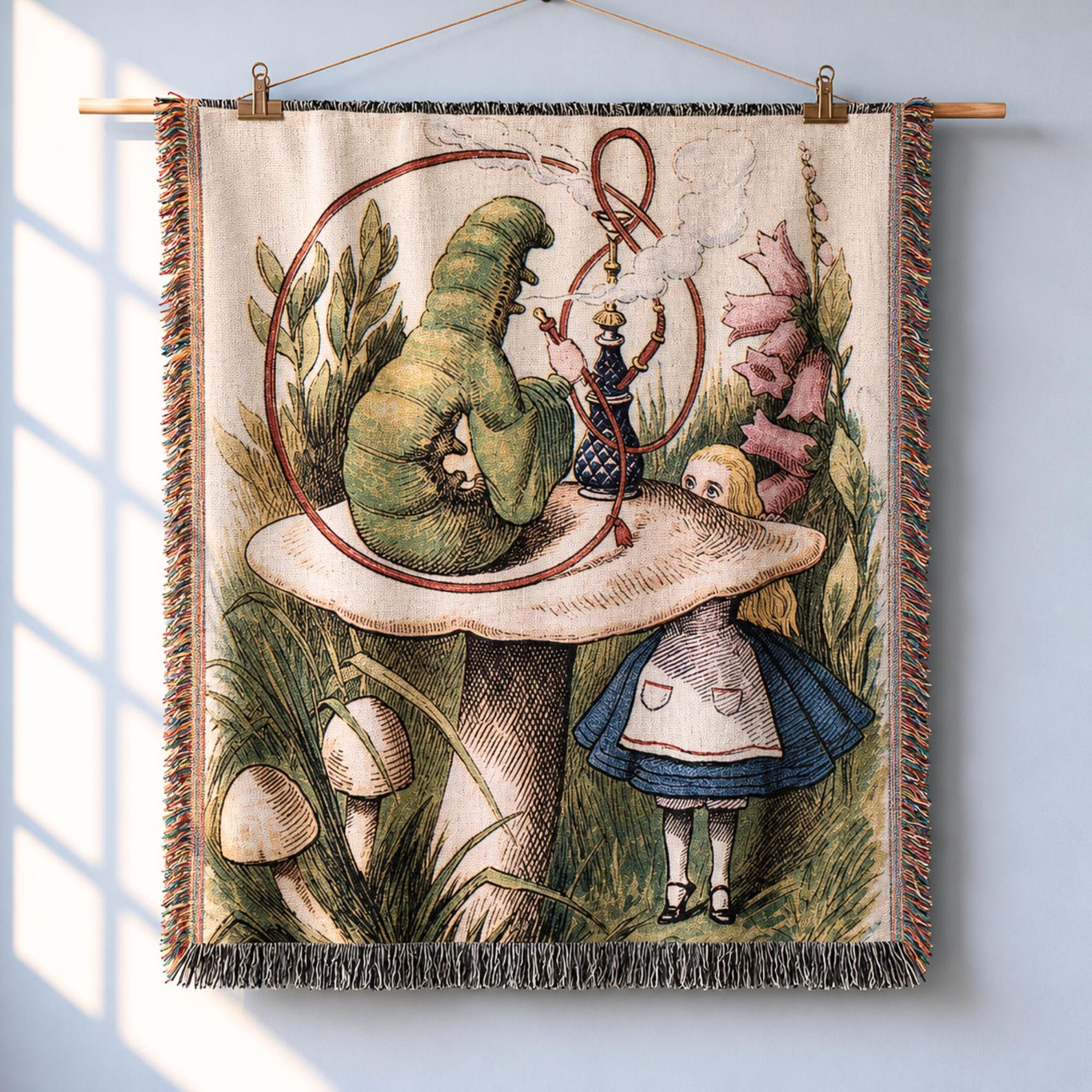 Alice in Wonderland Caterpillar Woven Blanket | Whimsical Mushroom Tapestry