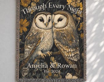 Personalized Owl Couple Blanket | Cottagecore Woven Throw & Wall Tapestry