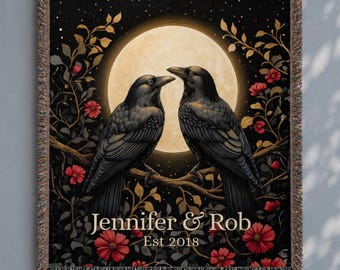 Personalized Raven Couple Blanket | Gothic Woven Wall Tapestry