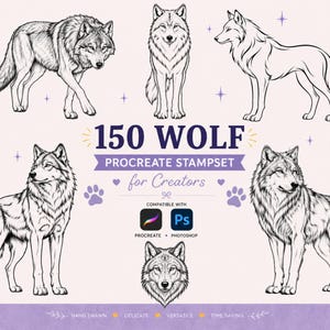 Könnte beinhalten: Ein digitales Stempelset mit 150 Wolf-Illustrationen in verschiedenen Posen, darunter stehend, gehend und Kopfporträts. Der Text lautet 150 WOLF PROCREATE STAMPSET for Creators, mit Symbolen für Procreate- und Photoshop-Kompatibilität.
