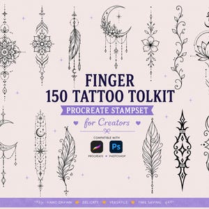 Puede incluir: Una colección digital de 150 diseños de tatuajes en arte lineal negro con mandalas, lunas crecientes, plumas y motivos florales. El texto dice FINGER 150 TATTOO TOLKIT PROCREATE STAMPSET for Creators, con iconos de software Procreate y Photoshop.