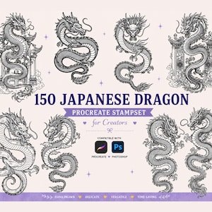 Op de afbeelding: Een digitale stempelset met 150 Japanse drakenillustraties in zwarte lijntekeningen. De collectie bevat diverse drakenhoudingen, sommige met architecturale elementen, en de tekst 150 JAPANESE DRAGON PROCREATE STAMPSET for Creators.