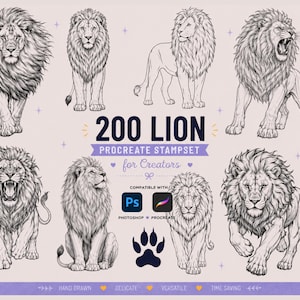 Könnte beinhalten: Ein digitales Stempelset mit 200 Löwenillustrationen in verschiedenen Posen, darunter stehend, sitzend und brüllend. Das Set enthält ein Pfotenabdruck-Symbol und den Text 200 LION PROCREATE STAMPSET for Creators sowie Symbole für Photoshop und Procreate.