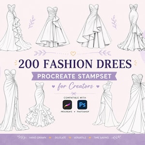 Pode incluir: Um conjunto de carimbos digitais com 200 ilustrações de vestidos de moda para Procreate e Photoshop. O gráfico exibe oito designs distintos de vestidos em arte de linha preta e branca com várias silhuetas, babados e pregas num fundo lilás.