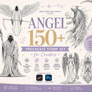 May include: A digital art set featuring illustrations of angels and grim reapers. The set includes over 150 stamps for Procreate and Photoshop, with the text "Angel 150+ Procreate Stamp Set for Creators". The set is compatible with Procreate and Photoshop.