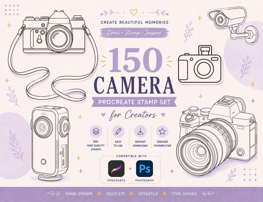 Camera Stamp 150 Camera Procreate Stamps | Photography Brush Set | Vintage & DSLR ...