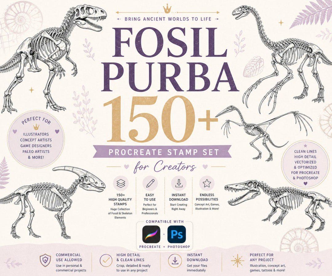 150+ Fossil Procreate Stamps | Dinosaur Bones, Skeletons, Ancient Art ...
