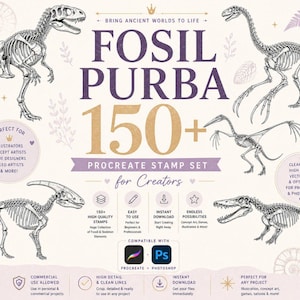 Puede incluir: Un conjunto de sellos digitales para Procreate y Photoshop con más de 150 elementos de fósiles y esqueletos. El diseño incluye esqueletos de dinosaurios y el texto "FOSIL PURBA 150+ PROCREATE STAMP SET for Creators."