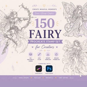 May include: A digital art product advertisement featuring a Procreate stamp set with 150 fairy-themed stamps. The design includes illustrations of fairies, the text "150 Fairy Procreate Stamp Set for Creators", and icons indicating ease of use and instant download.