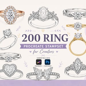 May include: An assortment of ring designs, both sketched and finished, showcasing diverse gemstone settings and band styles. The image features the text "200 RING PROCREATE STAMPSET for Creators" and icons for Procreate and Photoshop.