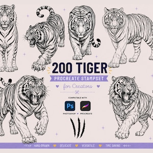 Pode incluir: Um conjunto de carimbos digitais com seis ilustrações de tigres em preto e branco em várias poses. O texto diz 200 TIGER PROCREATE STAMPSET for Creators, com ícones para Photoshop e Procreate, uma marca de garra e pequenas estrelas.