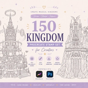 Op de afbeelding: Een digitale kunstafbeelding met twee gedetailleerde kasteelillustraties en de tekst "150 Kingdom Procreate Stamp Set for Creators". Het ontwerp bevat pictogrammen en de woorden "Draw, Stamp, Inspire". Compatibel met Procreate en Photoshop.