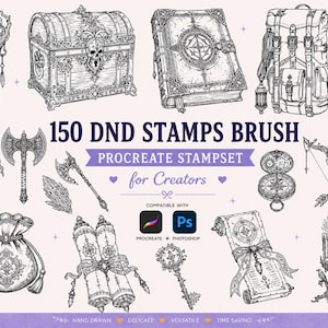 Może przedstawiać: Cyfrowa kolekcja 150 DND stamps brush procreate stampset for creators, zawierająca czarno-białe ilustracje liniowe przedstawiające kostur, skrzynię skarbów, księgę, plecak, topór, sakiewkę, zwoje, klucz, łuk i świecę, kompatybilna z Procreate i Photoshop.