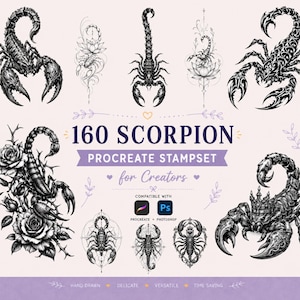 以下が含まれることがあります： ProcreateおよびPhotoshop用の160種類のサソリのイラストが入ったデジタルスタンプセット。バラや蓮の花と組み合わせたデザインや、王冠をかぶったサソリなど、様々な白黒のサソリのイラストが明るい背景に配置されています。