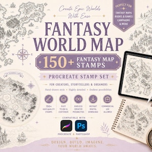 Peut inclure: Un ensemble de tampons Procreate pour cartes du monde fantastique avec le texte "Fantasy World Map" et "150+ Fantasy Map Stamps". L'image comprend une tablette, un carnet, une boussole et des illustrations de cartes. Compatible avec Procreate et Photoshop.