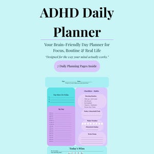 Może przedstawiać: Codzienny planer ADHD z turkusowym tłem. Planer zawiera sekcje do planowania dziennego, list kontrolnych i śledzenia nawyków. Wyświetlany jest tekst "Your Brain-Friendly Day Planner for Focus, Routine & Real Life". Planer ma pomóc w koncentracji i organizacji.