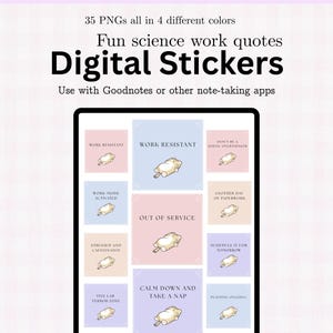 Può includere: Set di adesivi digitali con divertenti citazioni scientifiche sul lavoro in quattro colori. Include frasi come "Work Resistant" e "Calm Down and Take a Nap". Progettato per l'uso con app per prendere appunti. Il testo dice "Digital Stickers".