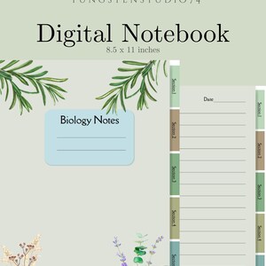 Peut inclure: Cahier numérique avec le texte "Digital Notebook" et les dimensions "8.5 x 11 inches". La couverture présente un fond vert clair, des illustrations botaniques et les mots "Biology Notes". Le cahier comporte des sections numérotées de 1 à 5.