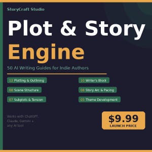以下が含まれることがあります： 白とオレンジ色のテキストで「Plot & Story Engine」というタイトルの本カバー。 「50人のインディー作家向けAIライティングガイド」というテキストと、「プロットとアウトライン」や「ライターズブロック」などのトピックが記載されています。発売価格は9.99ドルです。