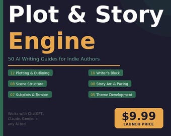 May include: A book cover with the title "Plot & Story Engine" in white and orange text. It includes the text "50 AI Writing Guides for Indie Authors" and lists topics like "Plotting & Outlining" and "Writer's Block." The launch price is $9.99.